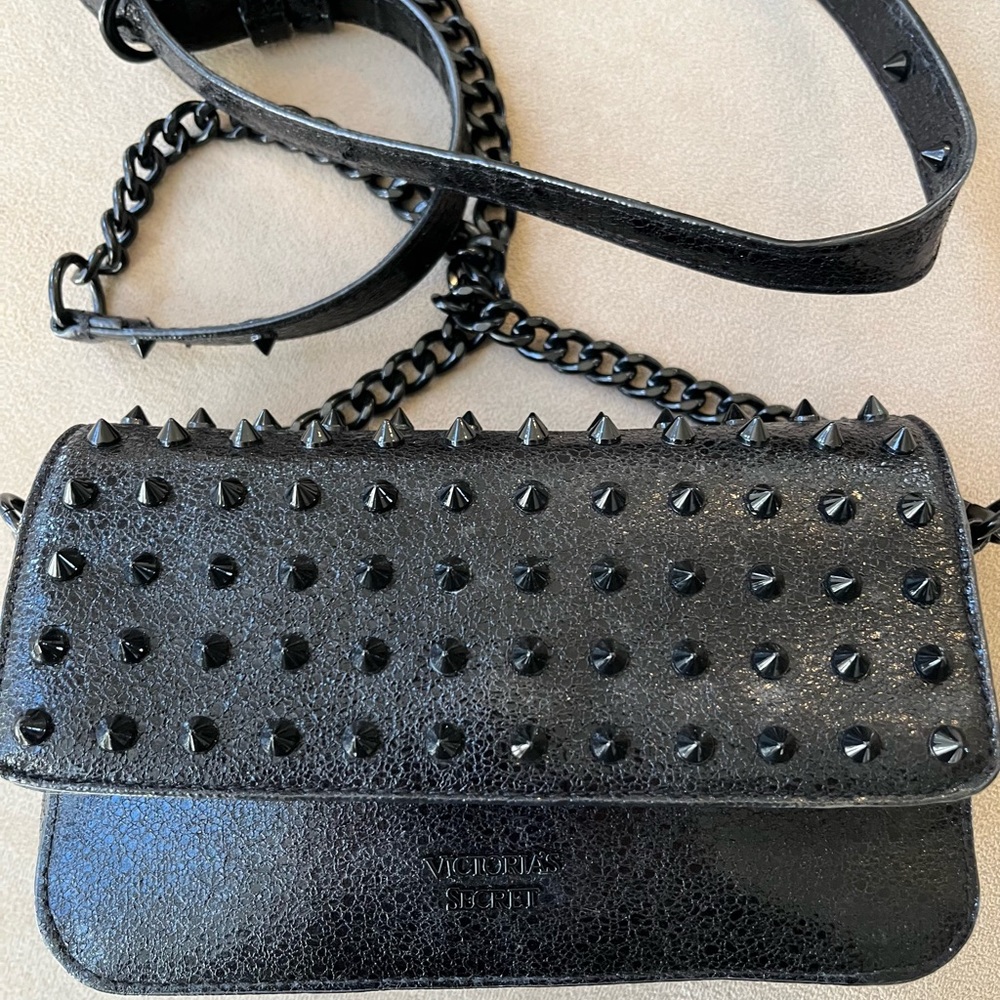Victorias Secret black studded adjustable crossbody bag purse clutch